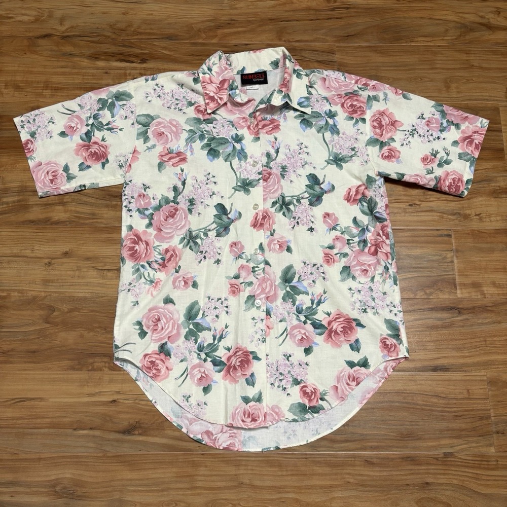 VTG Sunbelt Sportswear Women's Small Button Up Floral Linen Short Sleeve Top